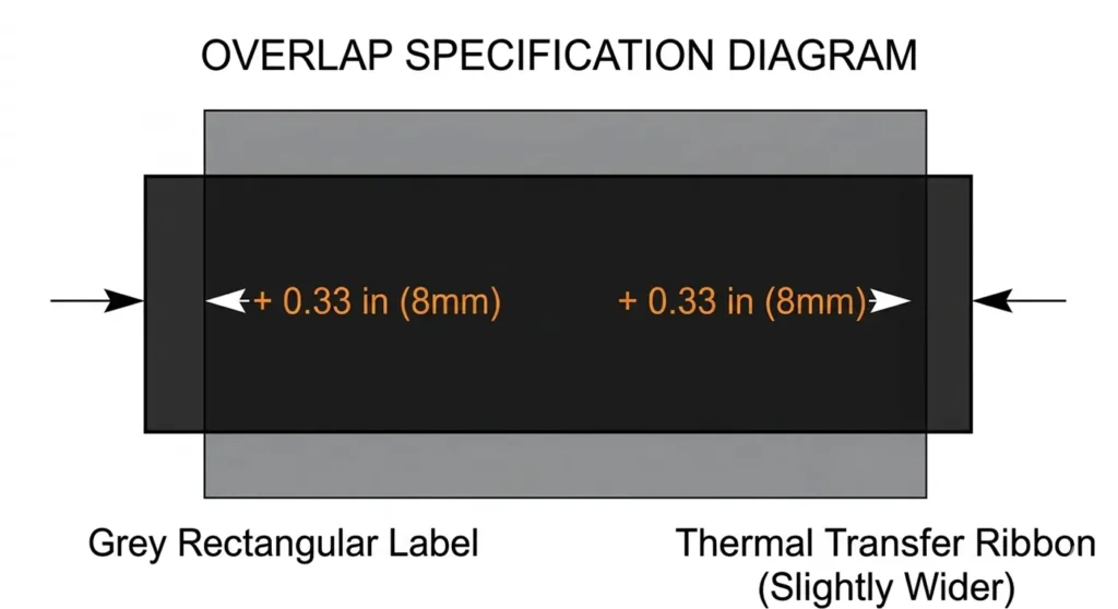 Technical diagram showing ribbon width compared to label width with required 0.33-inch margin.