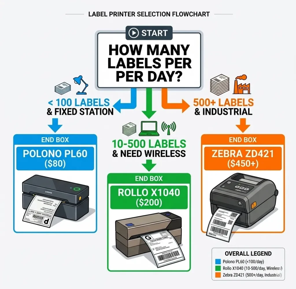 Flowchart for choosing the best thermal printer based on wireless needs and budget.