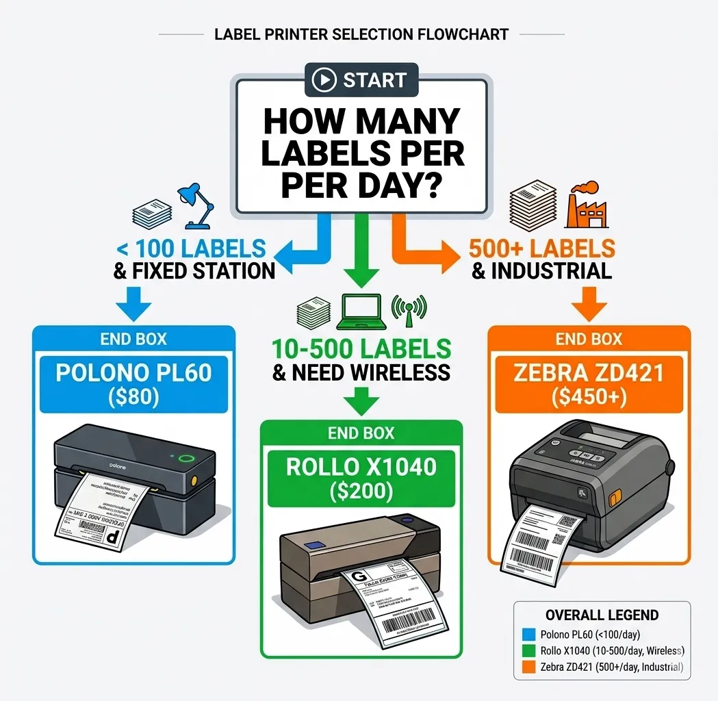 Rollo printer installation quick reference flowchart USB vs wireless models