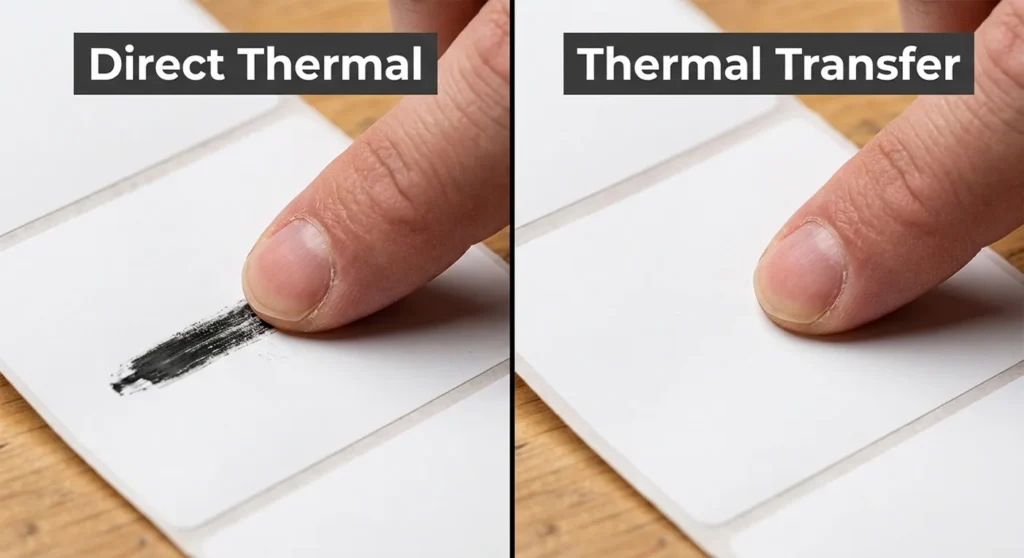 Fingernail scratch test on thermal labels showing direct thermal reacting vs. thermal transfer not reacting.