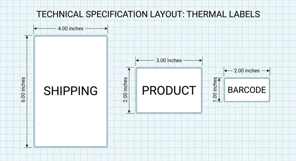 Visual guide of standard thermal label sizes including shipping, barcode, and product labels.
