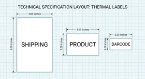 Visual guide of standard thermal label sizes including shipping, barcode, and product labels.
