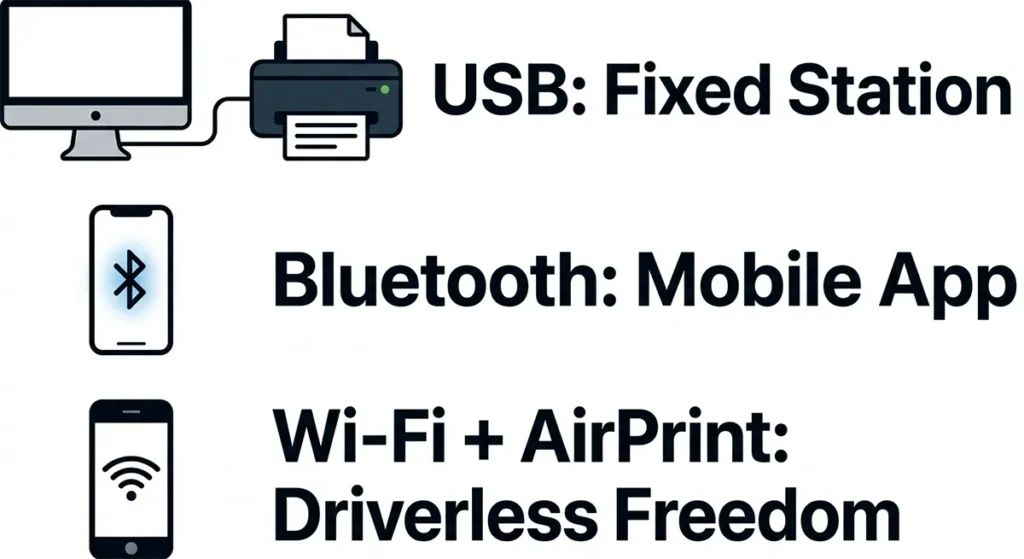 Diagram explaining the differences between USB, Bluetooth, and Wi-Fi thermal printer connectivity.