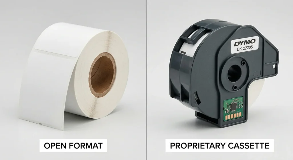 A side-by-side comparison photograph of a generic open-format thermal label roll and a proprietary locked-in DYMO DK cassette.