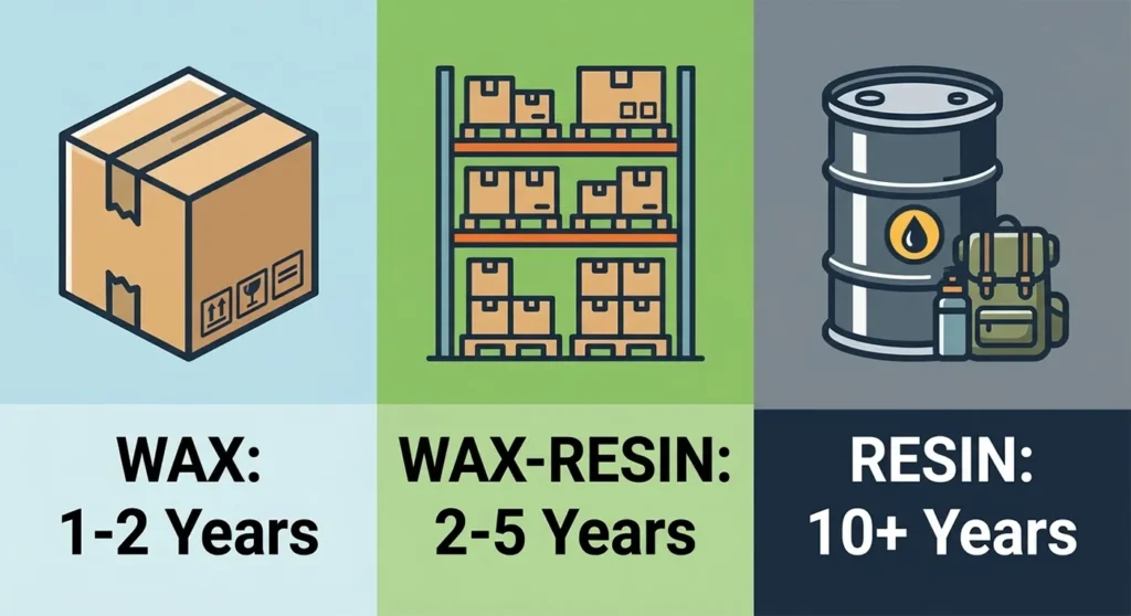 Comparing Wax, Wax-Resin, and Full Resin ribbons based on application and durability.