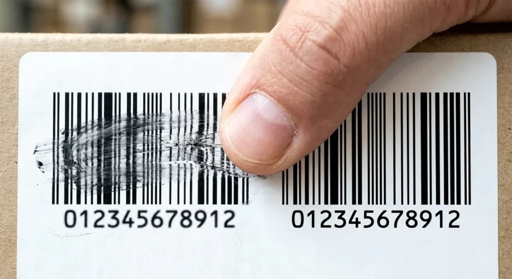 Hand performing a scratch test on a thermal printed label to verify ink durability.