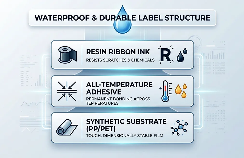 Infographic of the three components required for a waterproof thermal label system.