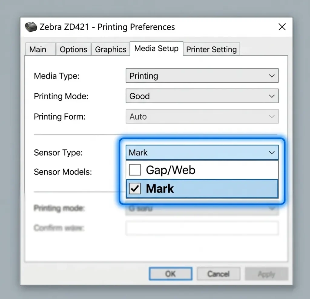 A screenshot of the Zebra ZD421 printer settings page in Windows, with the "Media > Sensor Type" dropdown menu highlighted and set to "Mark."