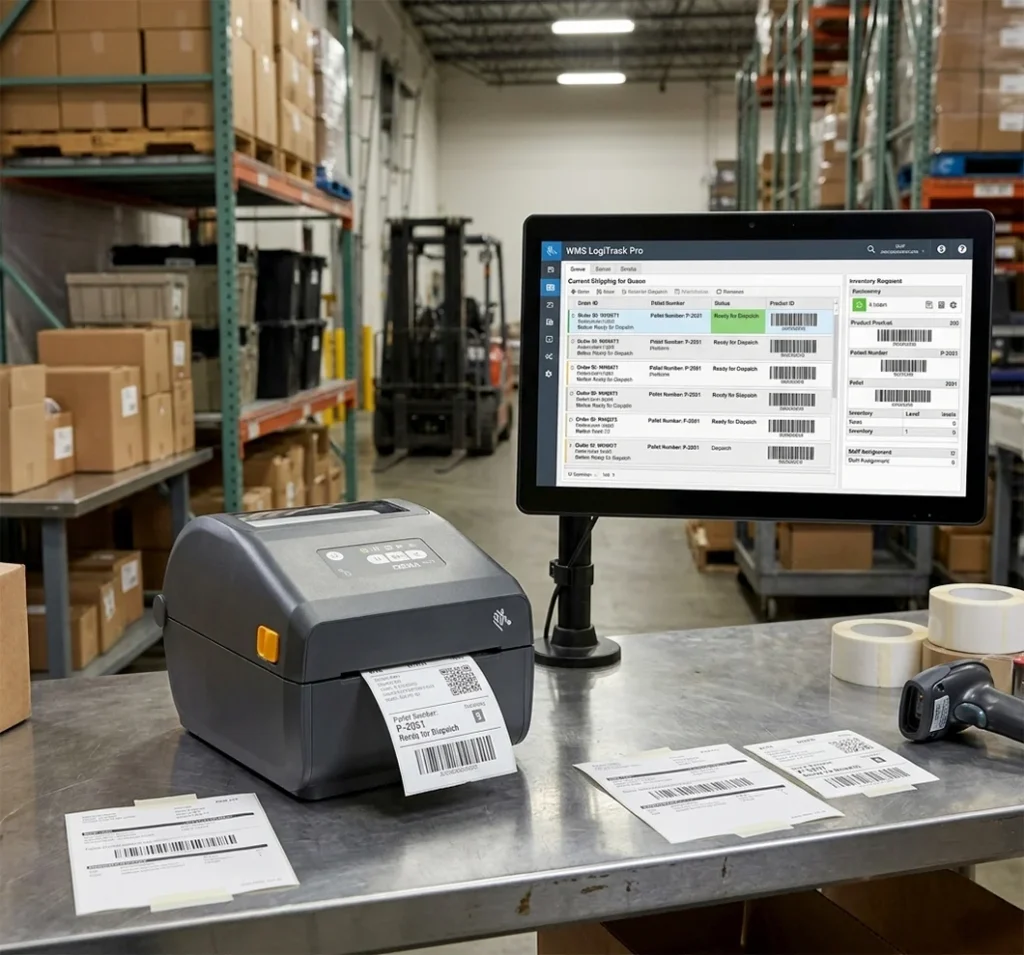 A Zebra ZD421d printer on a stainless steel warehouse packing station, integrated with a large touchscreen WMS (Warehouse Management System).