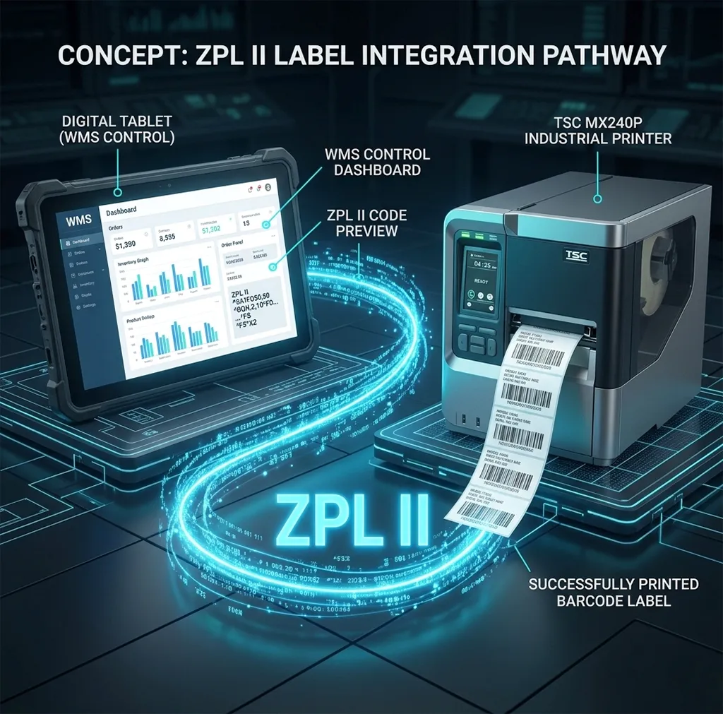 Diagram showing a non-Zebra printer accepting ZPL commands from a Warehouse Management System.