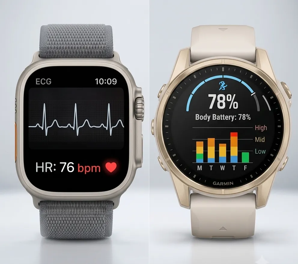 Close-up interface comparison of Apple Watch medical ECG display and Garmin wellness body battery display.