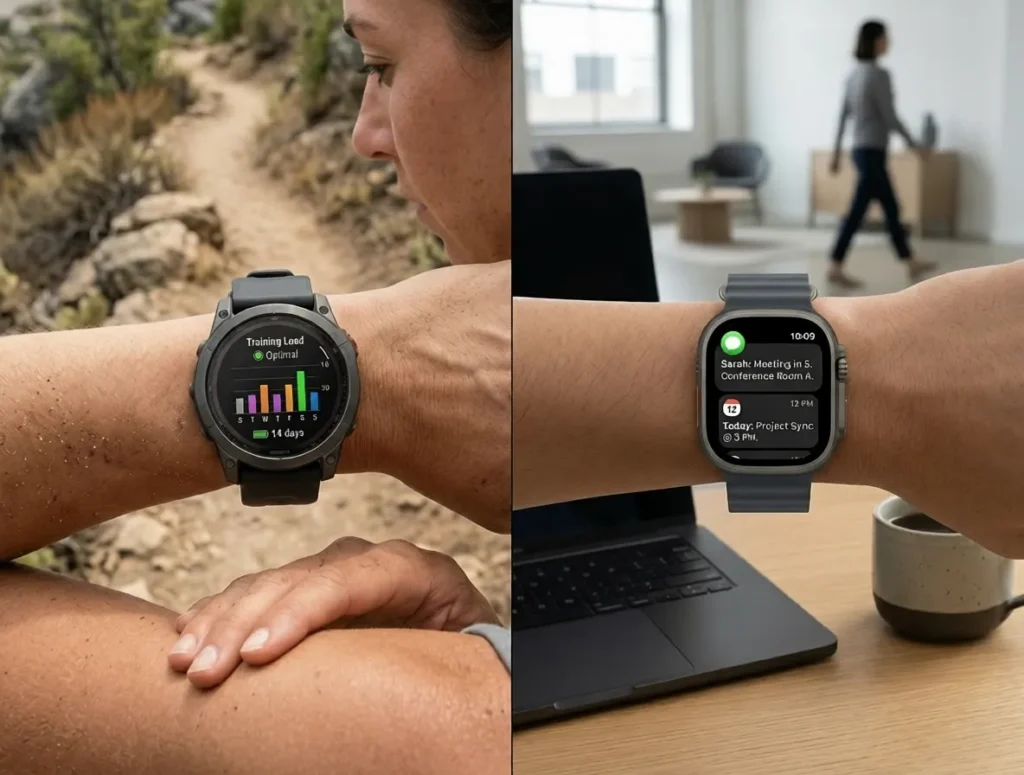 Side-by-side comparison of a Garmin watch tracking fitness metrics and an Apple Watch managing smart lifestyle notifications.