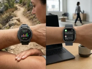 Side-by-side comparison of a Garmin watch tracking fitness metrics and an Apple Watch managing smart lifestyle notifications.