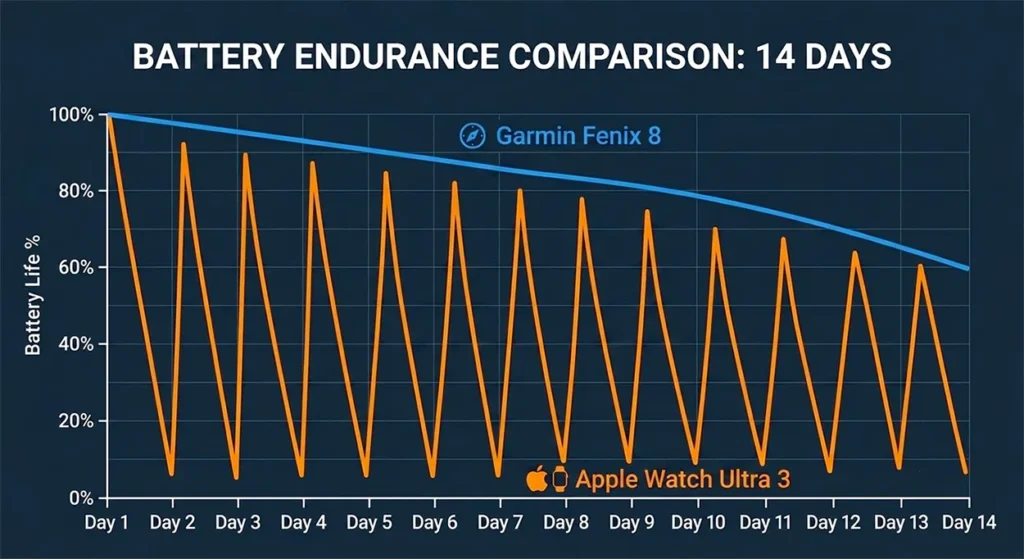 Battery depletion graph comparing Garmin's multi-week power life to Apple Watch's daily charging requirement.
