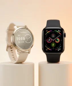 Symmetrical product shot comparing the compact Garmin Lily 2 Active and the Apple Watch Series 11 42mm.