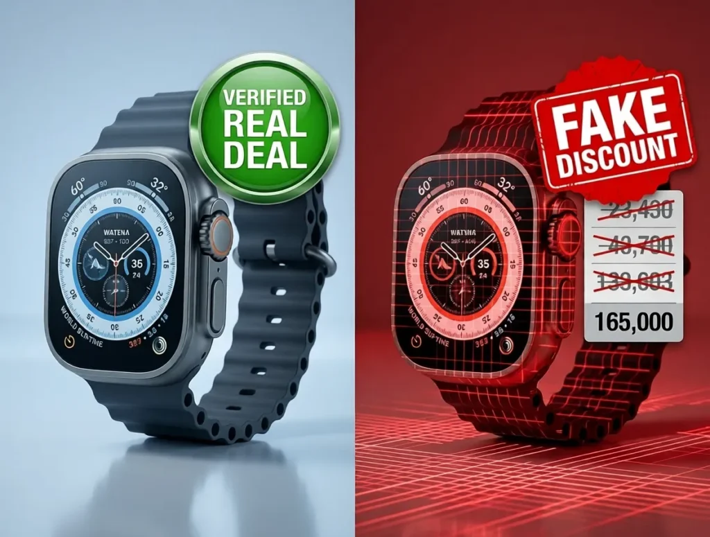 A smartwatch split between a green verified real deal shield and a red fake discount warning banner