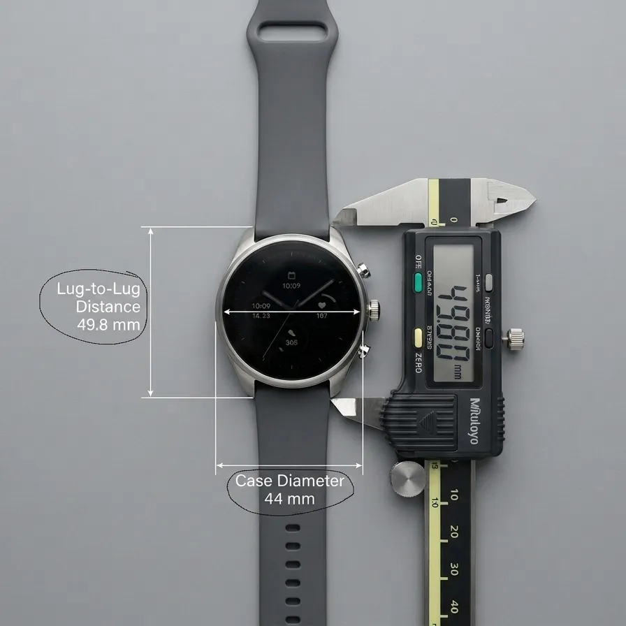 A smartwatch being measured with digital calipers to demonstrate the difference between case diameter and lug-to-lug distance.