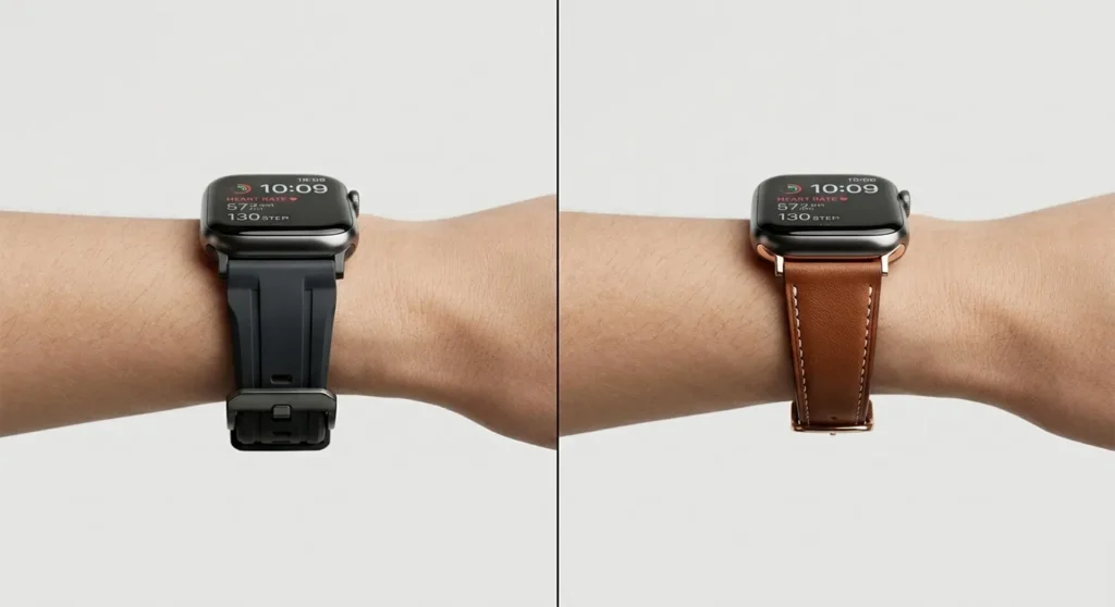 Side-by-side comparison of a smartwatch on a bulky straight band versus a sleek tapered strap. Change the Strap, Fix the Fit