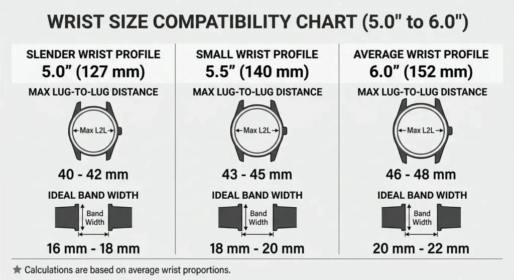 A sizing chart illustrating ideal smartwatch lug-to-lug and band widths for small wrists. The Small Wrist Size Guide