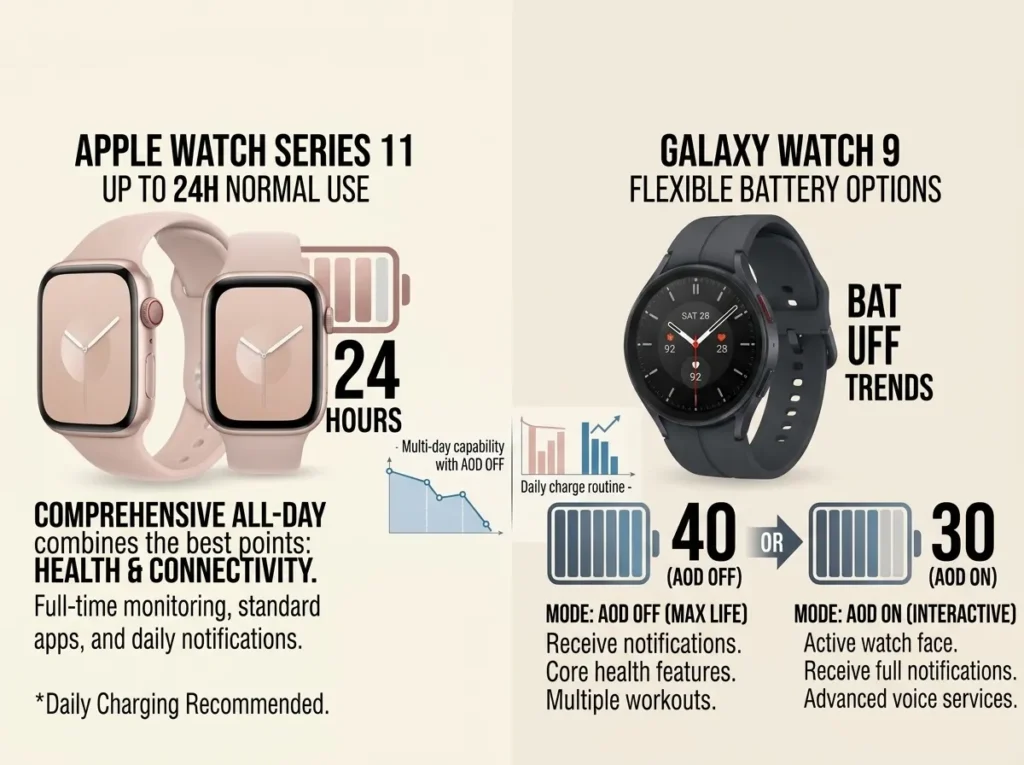 Apple Watch Series 11 vs Galaxy Watch 9 battery life comparison