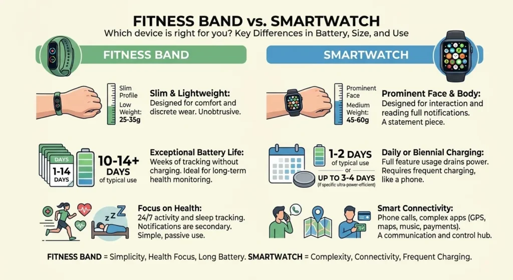 fitness band vs smartwatch size and battery comparison