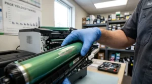 Close-up of a technician in a lint-free glove holding a green laser printer photoconductor drum unit to check for surface wear and page yield status.