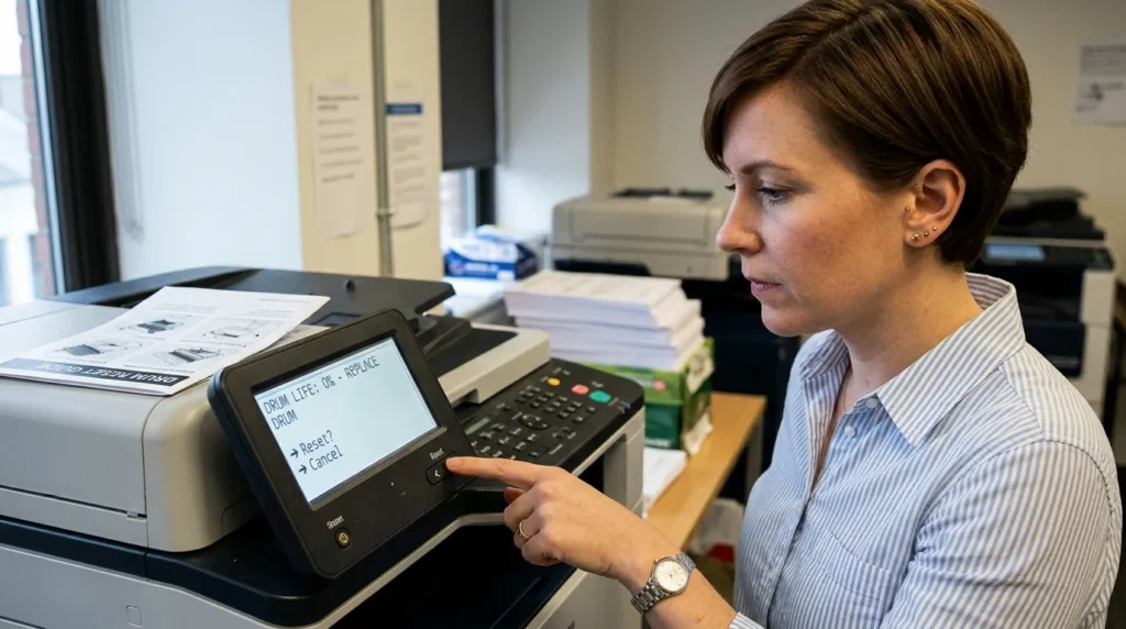User operating a multi-function laser printer control panel screen displaying a drum life zero percent warning and reset menu prompt.