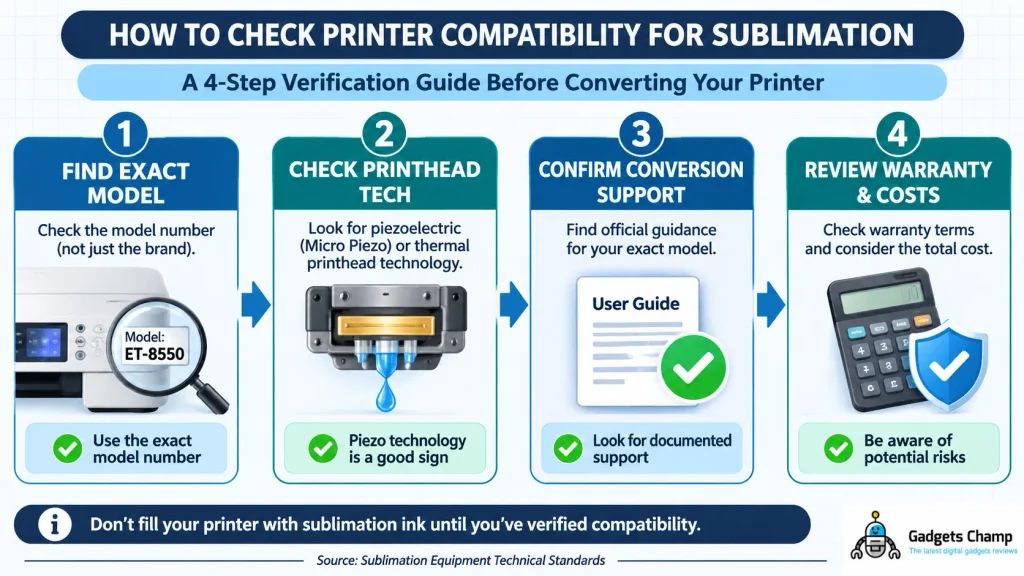 How to check whether a printer is compatible with sublimation ink: model, printhead, ink system and conversion support.