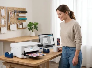 Epson SureColor F170 sublimation printer on a desktop workspace