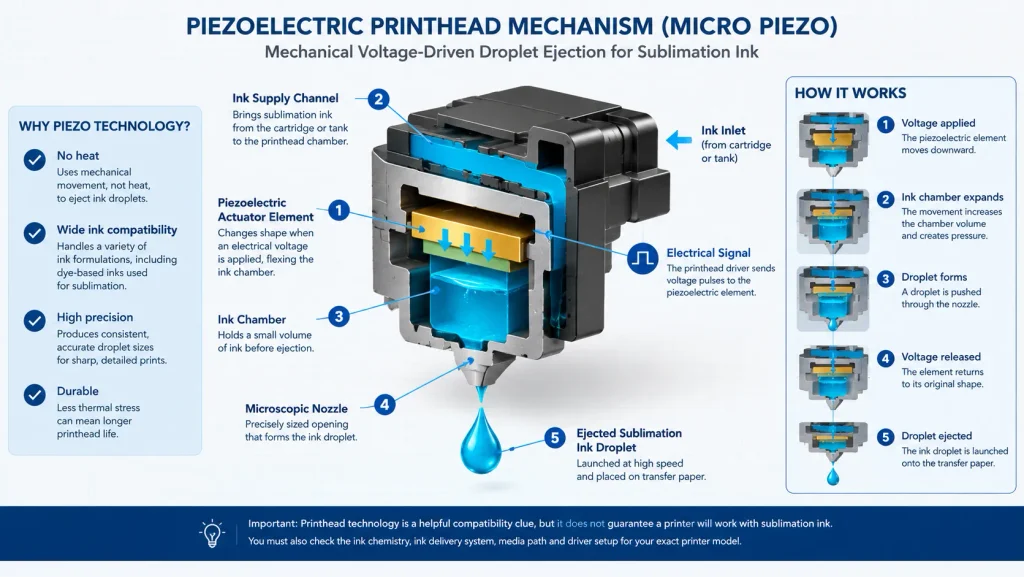 Piezoelectric printhead mechanism used to eject ink droplets in a sublimation-compatible inkjet printer.