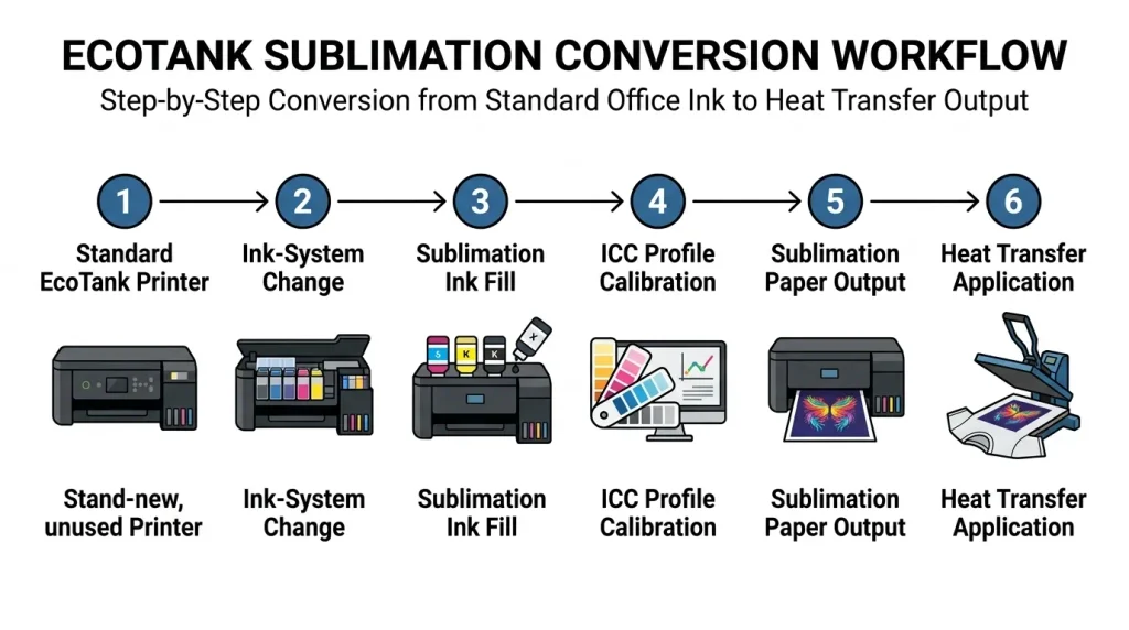 EcoTank sublimation printer conversion workflow from standard ink to sublimation transfer