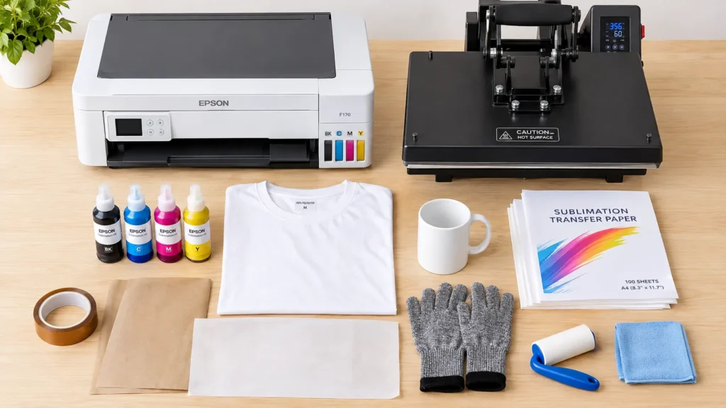 Sublimation equipment setup with printer, flat heat press, transfer paper, tape, and compatible blanks