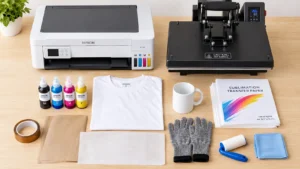 Sublimation equipment setup with printer, flat heat press, transfer paper, tape, and compatible blanks