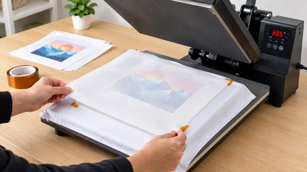 Sublimation transfer paper and protective paper positioned on a compatible blank for heat pressing
