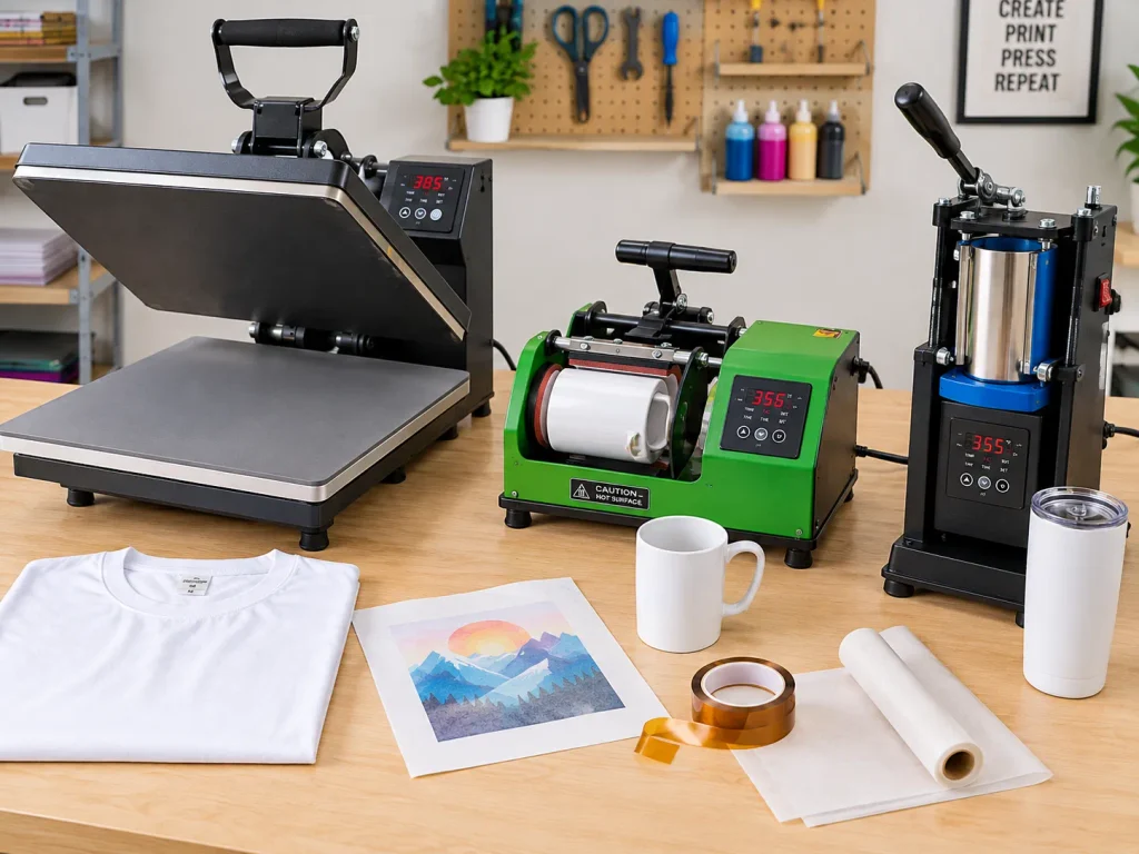 Flat heat press, mug press, and tumbler press for different sublimation products