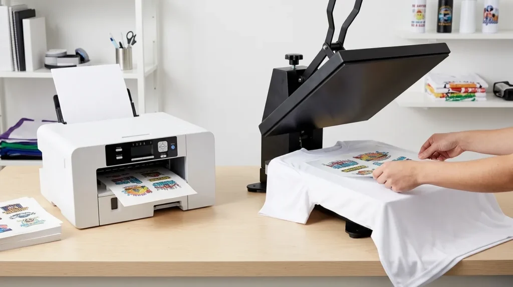 Sublimation printer setup for transferring a design onto a white polyester T-shirt