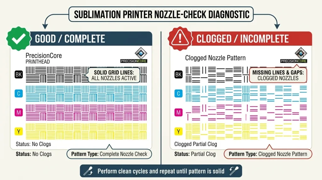 Example nozzle-check patterns showing complete and missing print lines