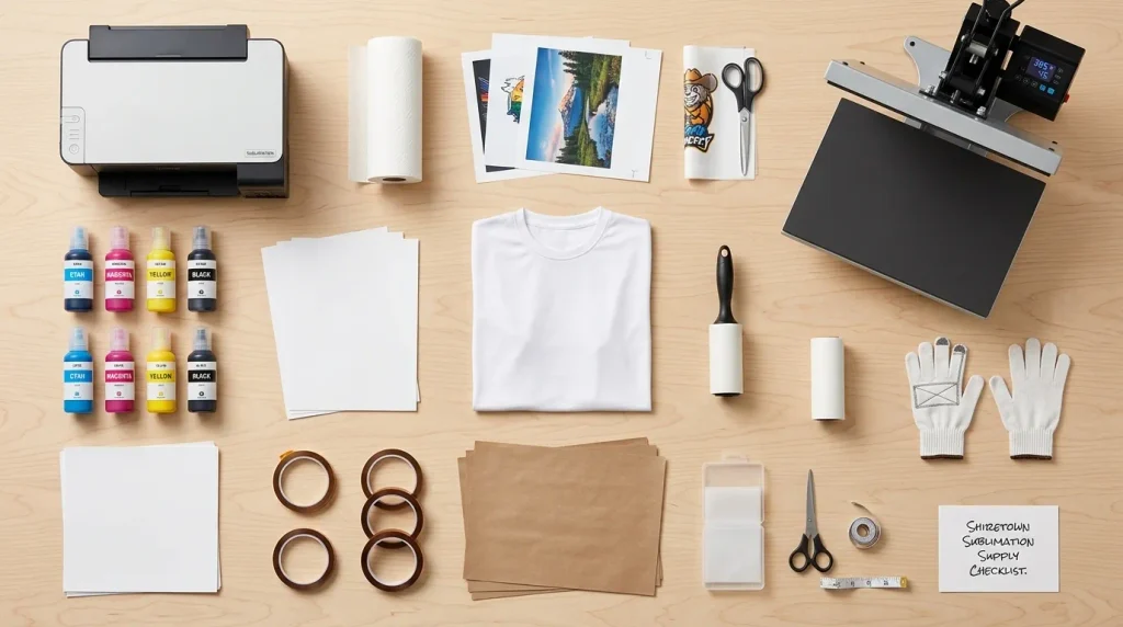 Printer, sublimation paper, heat press, protective paper, tape, and polyester shirt blanks