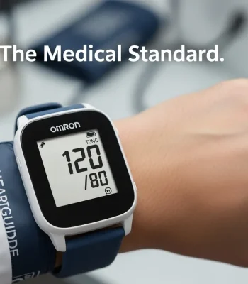 A close-up of the Omron HeartGuide on a wrist, with its cuff inflated and a clear blood pressure reading on the display, symbolizing its clinical accuracy and medical validation.