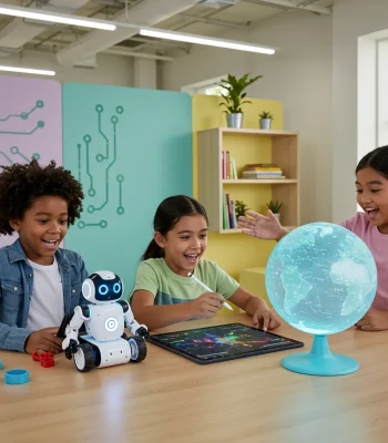 Kids learning and having fun with tech gadgets like coding robots and drawing tablets.